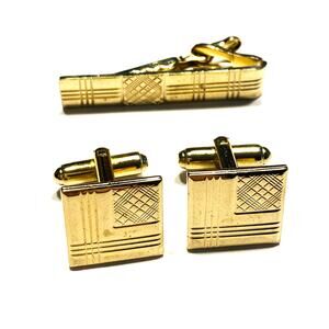 Vintage Mid Century Men’s jewelry Set Cufflinks & Tie Bar Gold Geometric Squares